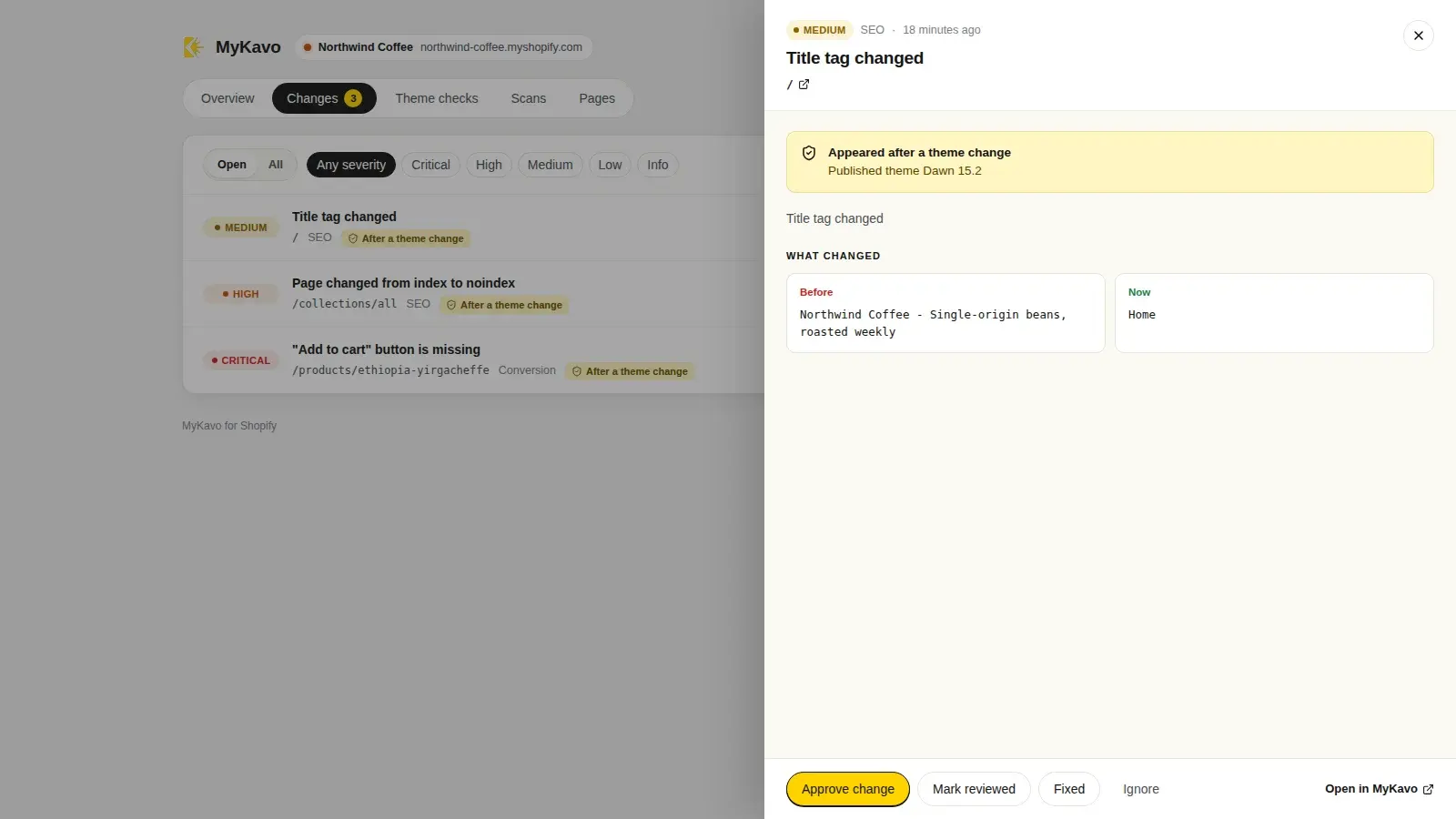 A change in the Shopify admin: title tag changed after a theme publish, with the old and new title side by side and buttons to approve, mark reviewed, fixed or ignore