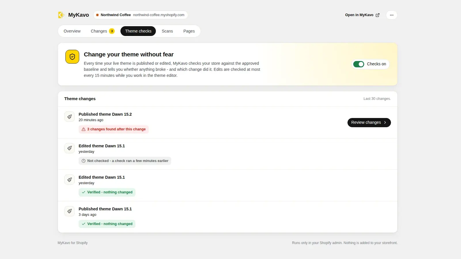 Theme checks history in the Shopify admin: each theme publish and edit with a verdict such as Verified - nothing changed, or 3 changes found after this change