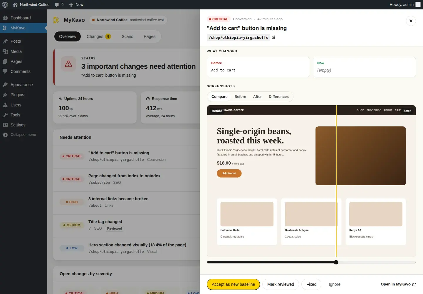 A change in WordPress with a before-and-after slider across the page screenshots