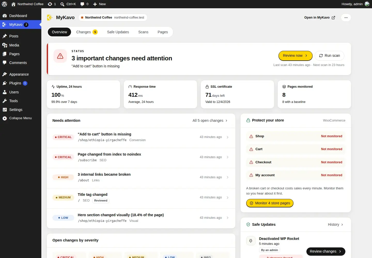 The MyKavo screen in wp-admin: overall status, uptime, response time, SSL, and the changes that need attention first