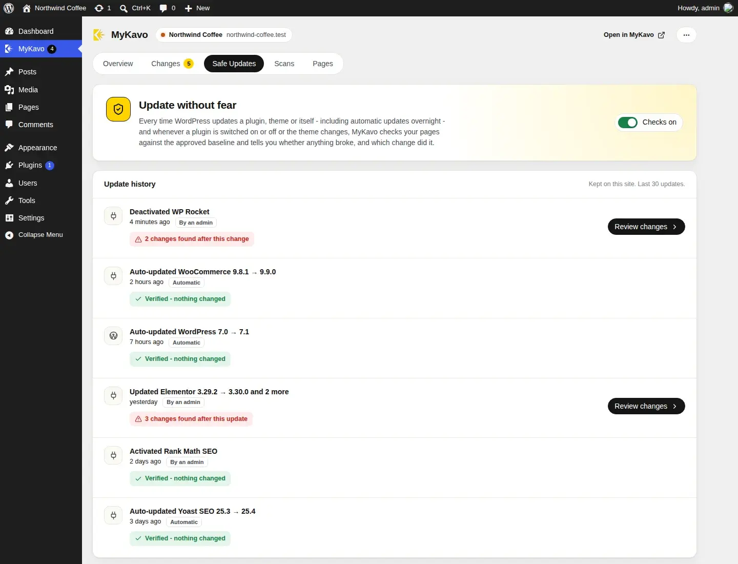 Safe Updates history in WordPress: each update, plugin switch and theme change with a verdict such as Verified - nothing changed, or 2 changes found