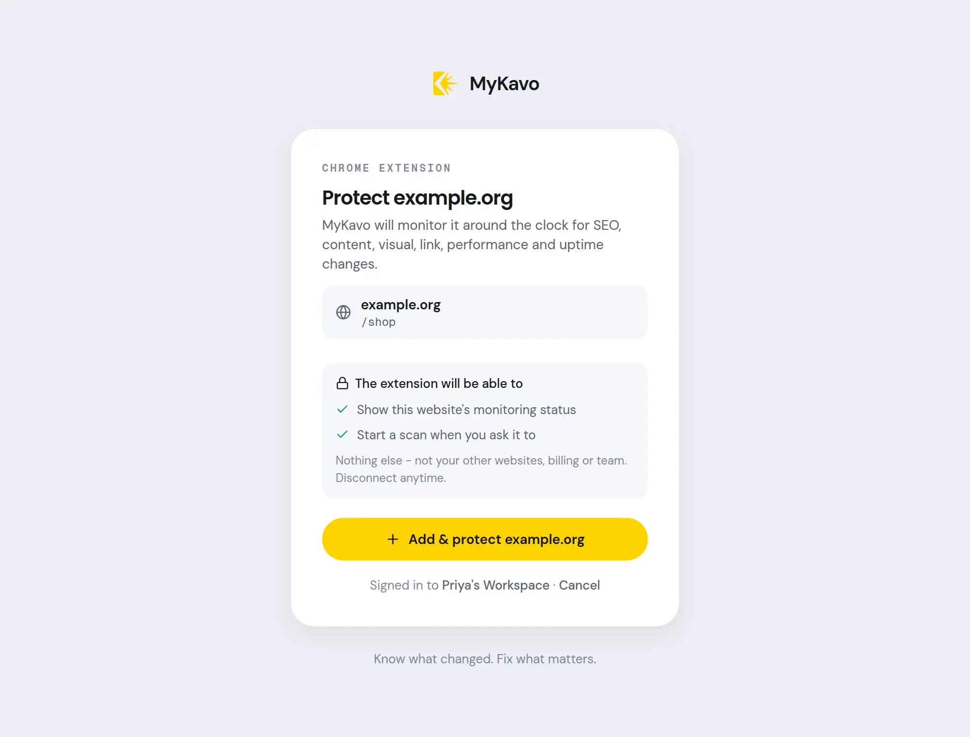 The MyKavo connect page opened by the extension: Protect example.org, with what the extension will be able to do and an Add and protect button