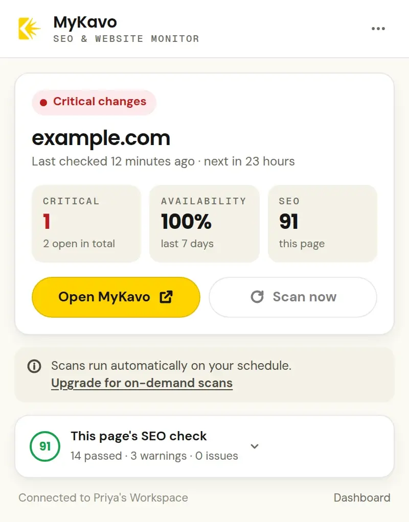 The same website after a critical change: Critical changes, 1 critical of 2 open
